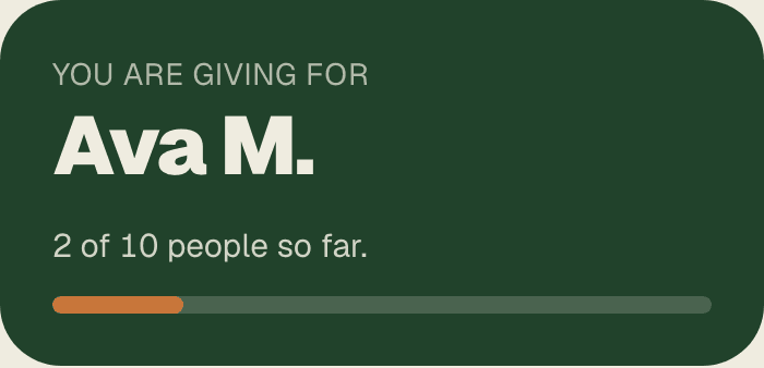 The top of a program page opened through a personal link. It reads "You are giving for Ava M." followed by "2 of 10 people so far" and a progress bar.